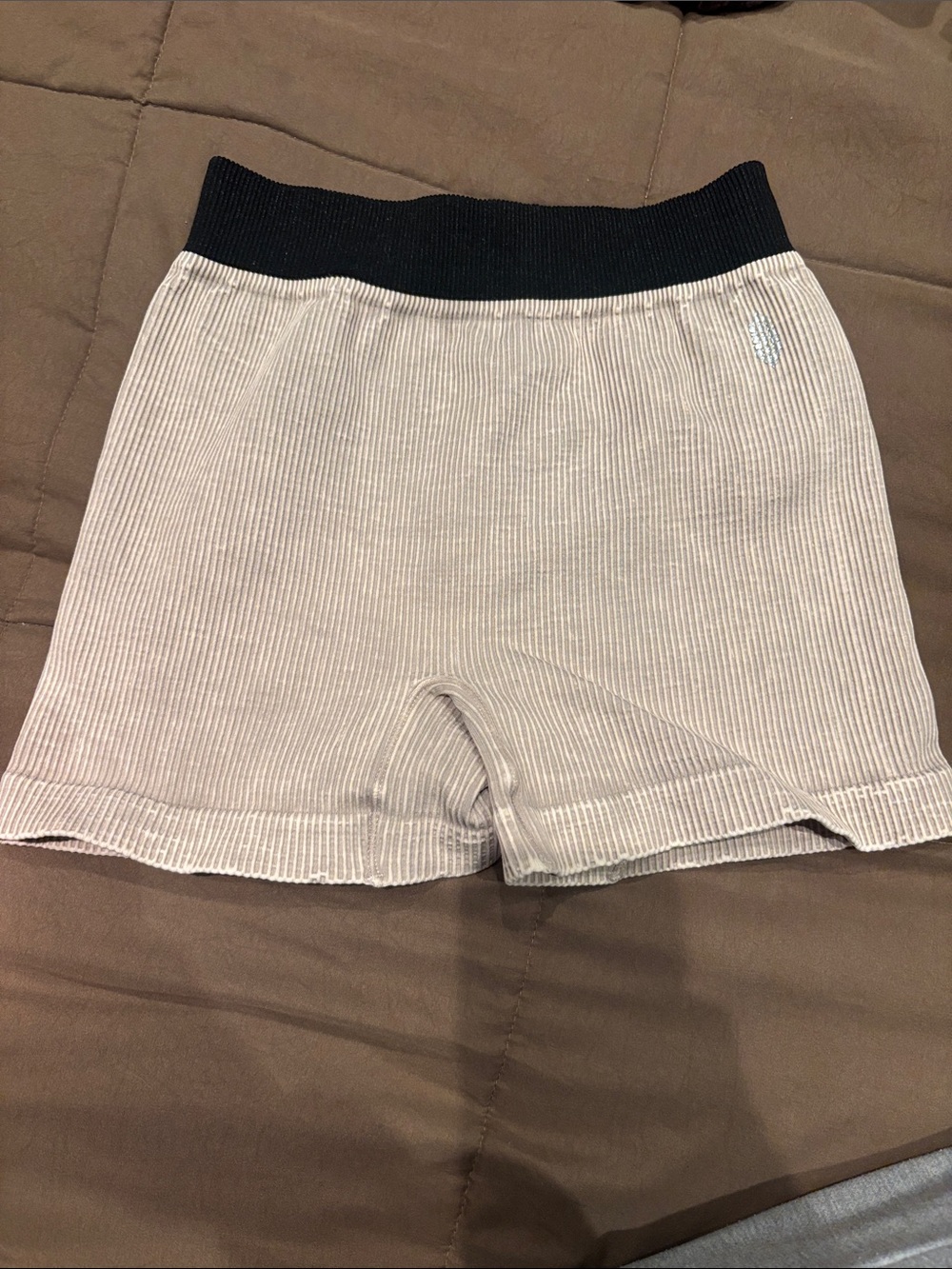 FP Movement by Free People Cream Ribbed Bike Shorts with Black Waistband